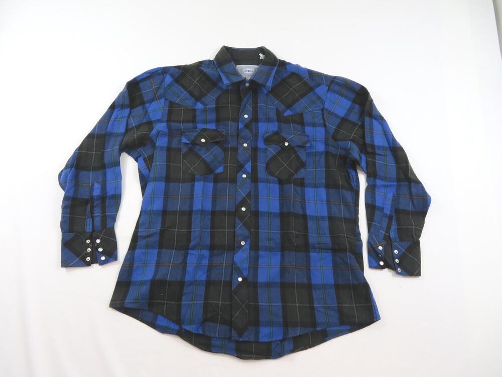 ATB Pearl-Snap Flannel Shirt Western Wear Blues Black Plaid Sz 17.5 34-35 1980s